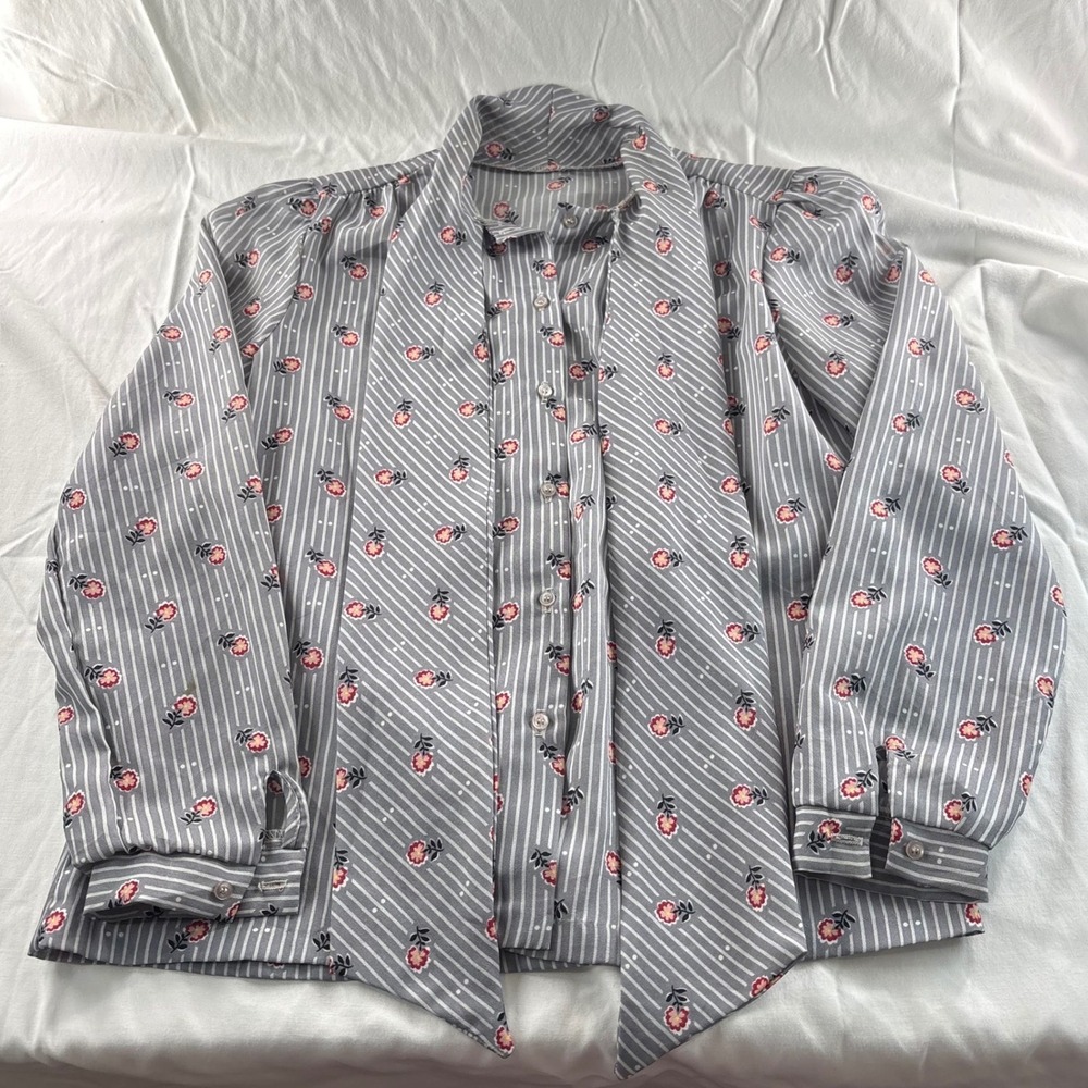 Vintage Handmade Gray Floral Striped Bow Blouse Button Front Long Sleeve